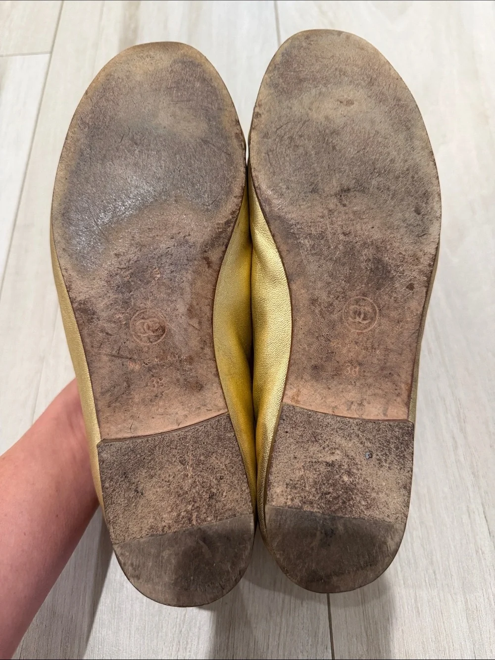 CHANEL Classic Leather Ballet Flats in Gold Size 38